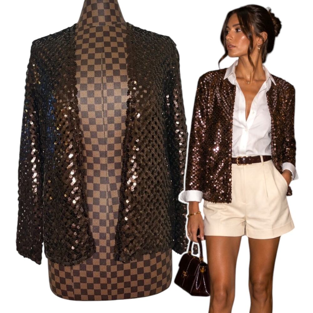 Brown Sequin Open Knit Jacket Cardigan M/L Crochet Glam Preppy Disco Dramatic